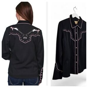 Scully Western Pearl Snap Shirt L Black Pink Embroidered Guns Rodeo
